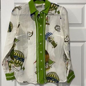 Maeve Anthropologie Retro Hot Air Balloon Print Silk Blouse 4